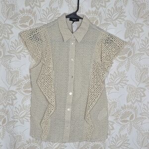 Theory Nova Eyelet Ruffle Sleeve Button Front 100% Cotton Blouse Top Cream sz S